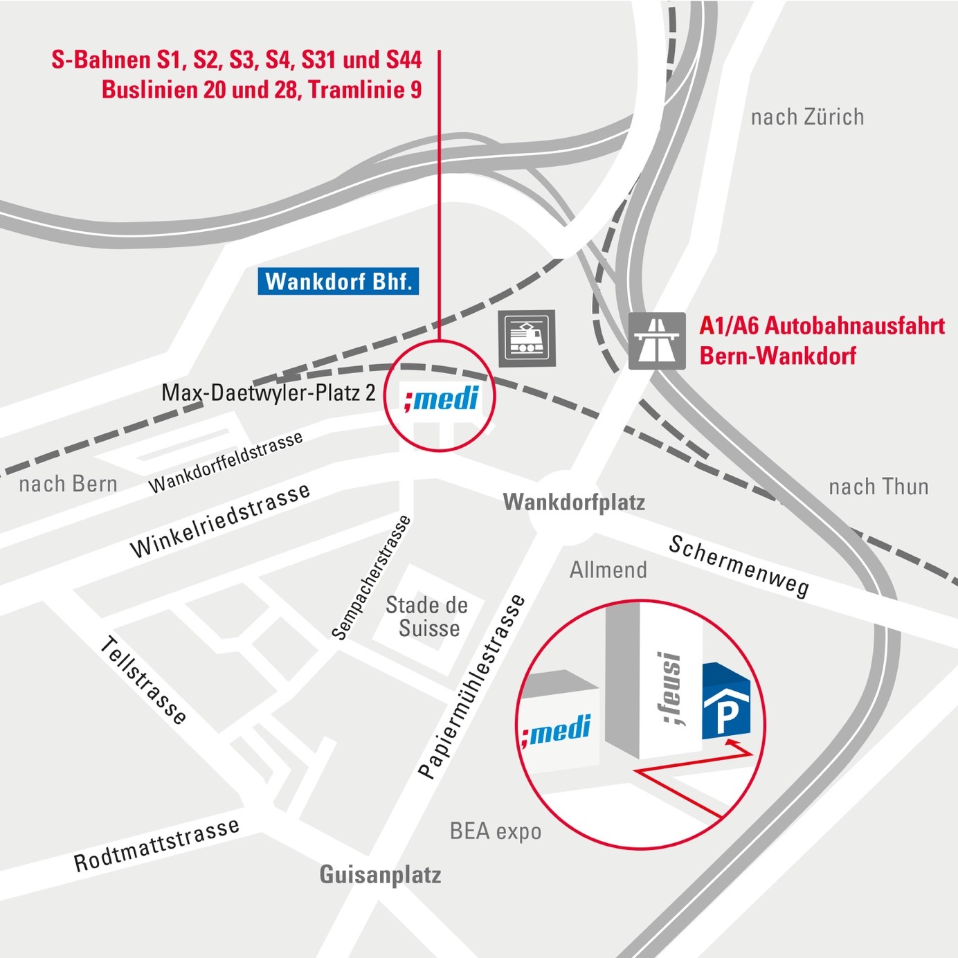 Lageplan medi: direkt beim Bahnhof Wankdorf