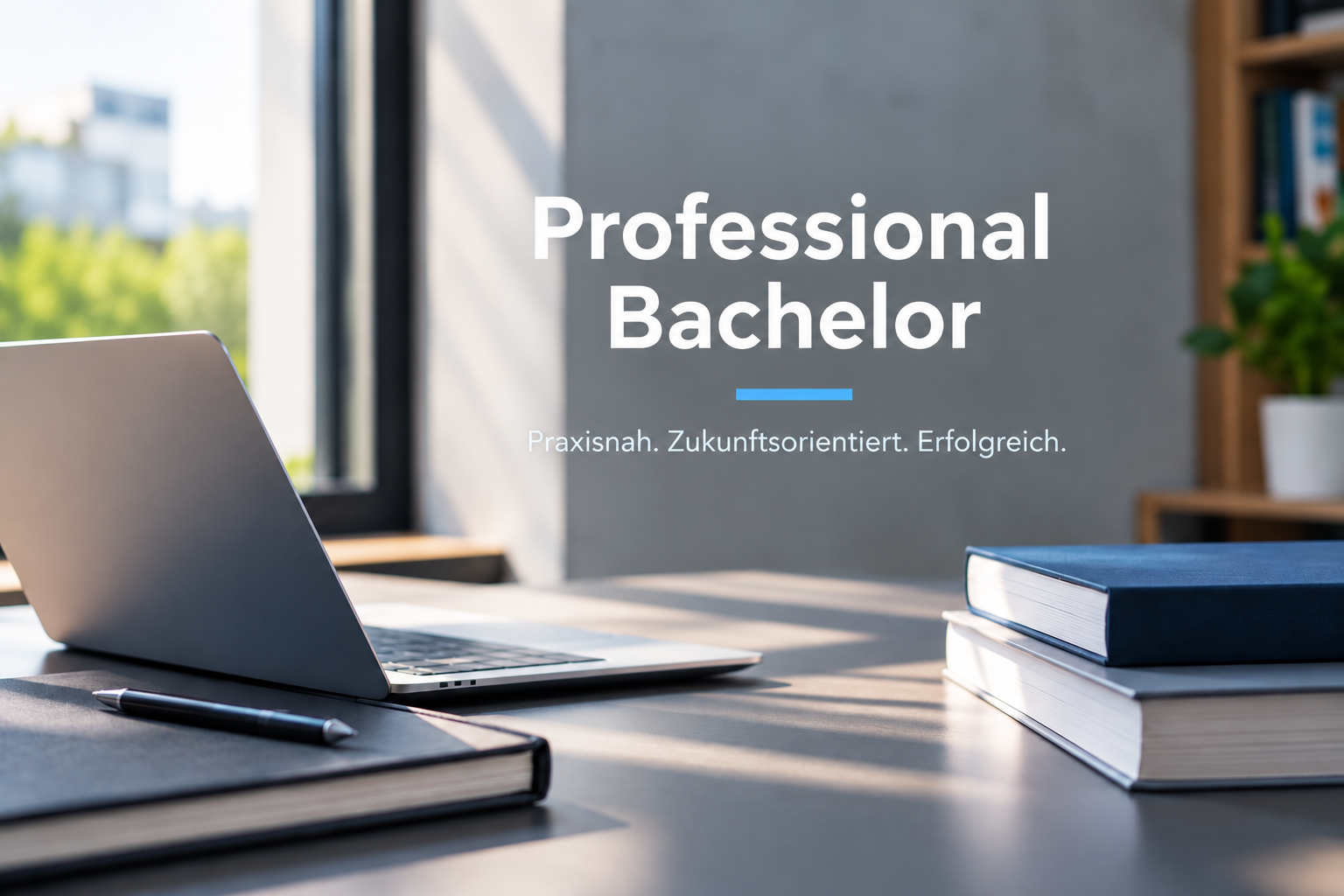 Laptop und Bücher auf einem Schreibtisch mit dem Schriftzug «Professional Bachelor – Praxisnah. Zukunftsorientiert. Erfolgreich.